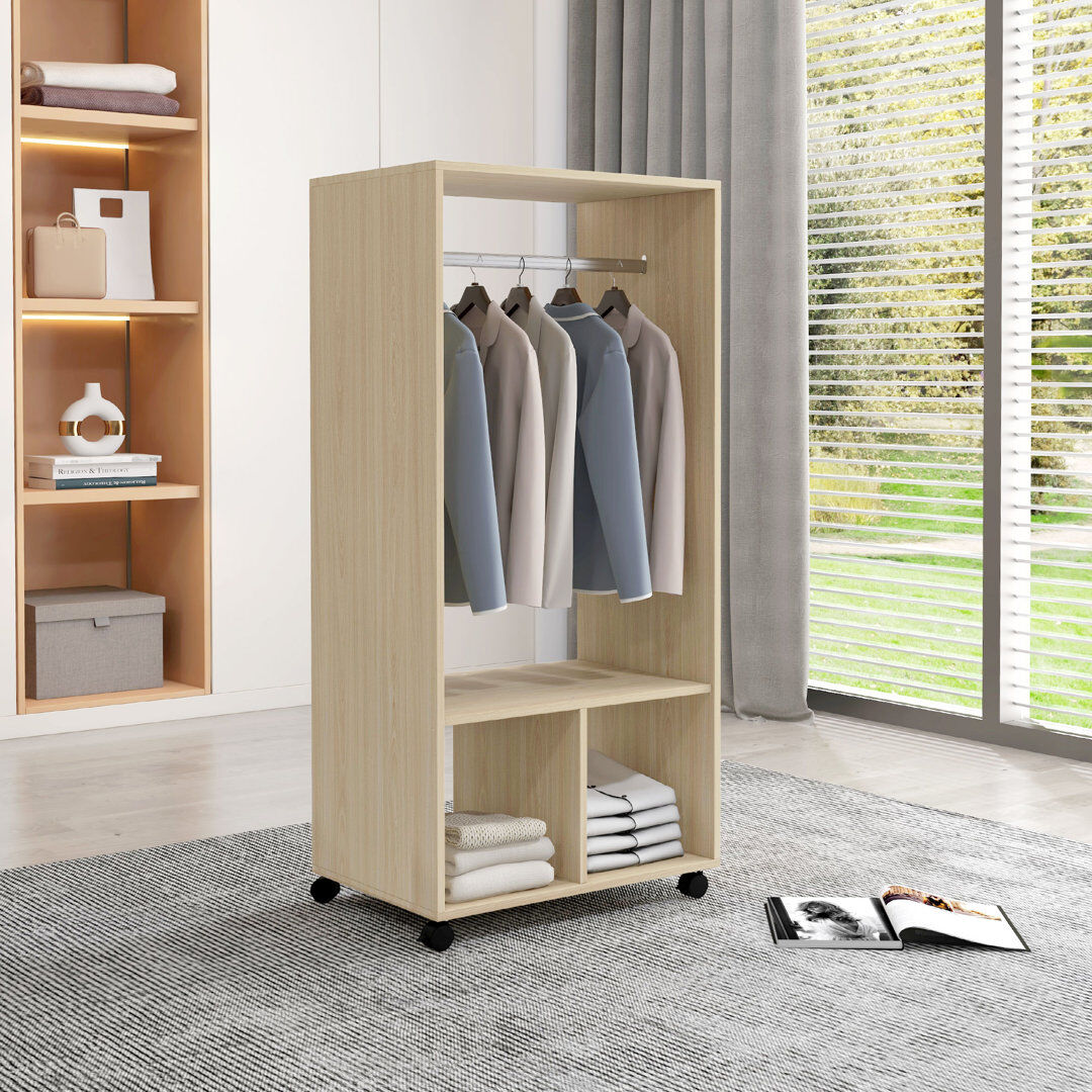 Rebrilliant HOMCOM Mobile Open Wardrobe Clothes Rail Storage Shelves Bedroom Natural