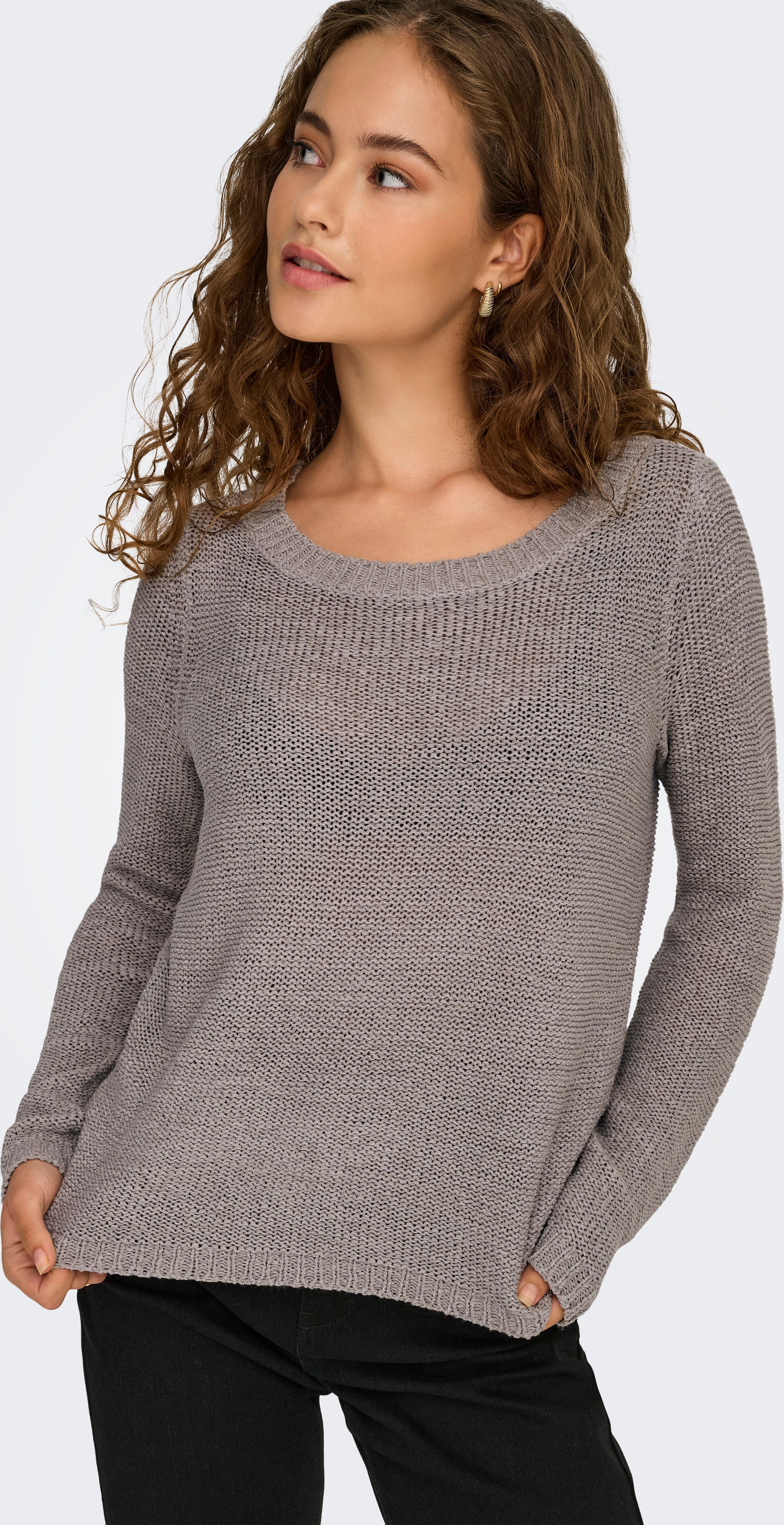 Strickpullover ONLY "ONLGEENA XO L/S PULLOVER KNT NOOS", Damen, Gr. M, grau (satellite), Strick, Obermaterial: 65% Polyacryl, 35% Polyamid, unifarben, tailliert kurz, Rundhals, Rippstrickbündchen, Pullover Strickpullover, Materialmix, regular fit satellit