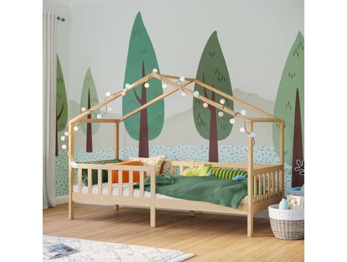 Bellabino Bia Kinderbett 90x200 cm, Hausbett, Natur, mit Rausfallschutz Montessori Holzbett aus Massivholz Kiefer, mit Lattenrost, für Jungen & Mädchen, Kinderzimmermöbel, Bettgestell, Holzrahmen