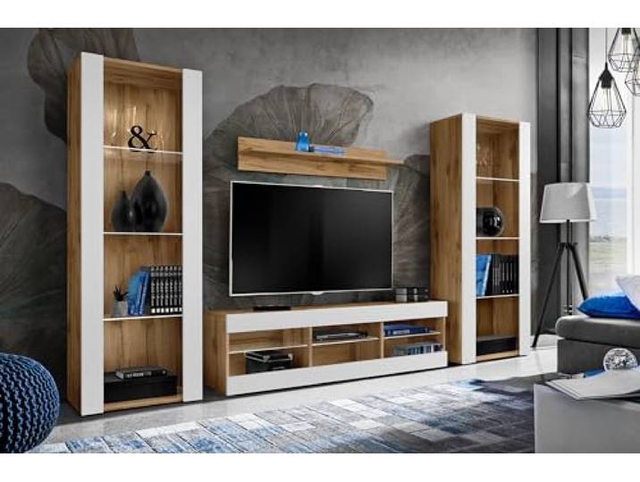 Komodee Wohnwand TV Tivoli Grande Weiß/Wotan 250x159x35 cm Wohnwand Tivoli Grande, Weiß/Wotan, Breite 250cm x Höhe 159cm x Tiefe 35cm, ohne LED , für Wohnzimmer