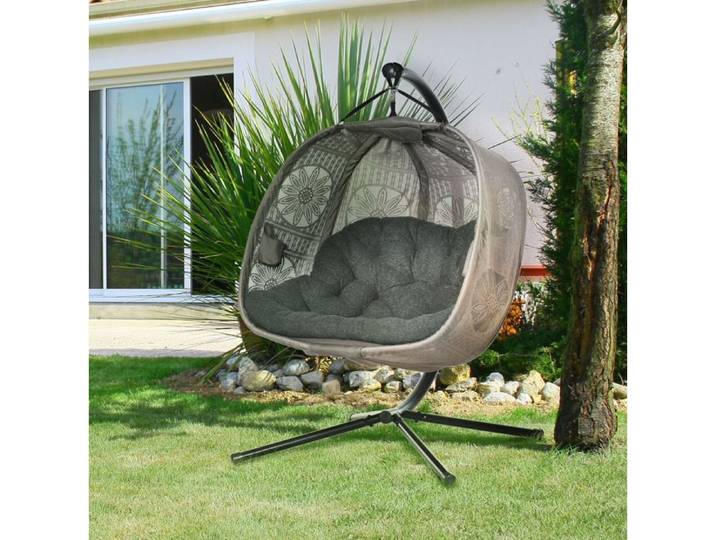 Fauteuil suspendu 2 places AESVAR avec support pliable coussin acier beige