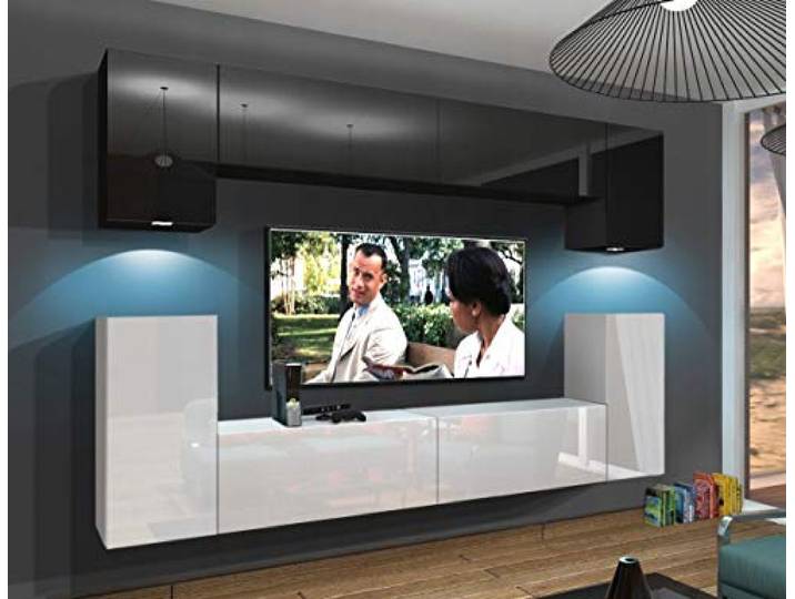 Furnitech Wohnwand Wohnzimmer Wohnzimmer Möbel mit LED Blau Hängend Wohnwand Modern Wohnzimmer Schrankwand mit Regale und TV Schrank (Rodos AN43-17BW-HG28 1B)