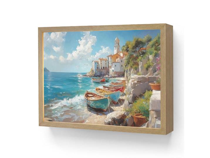 OnlyWow Wandleuchte MIT Akku Boote - Felsen - Meer - Sonne 40x30 cm, Blau, Rechteckig, LED integrated, 40x30x8 cm, Lampen & Leuchten, Innenbeleuchtung, Wandleuchten