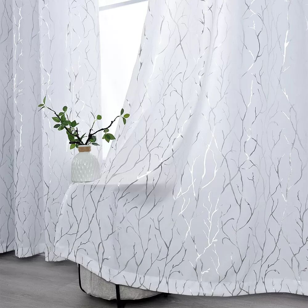 INF 2er-Set Kunst Baumzweig Silber Heißprägung Voile Gardinen - Stangentasche M Weiß