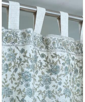 Fabdivine Heavy Viscose Linen Tab Top Window Curtain Blue Floral Farmhouse Drapes - Suman
