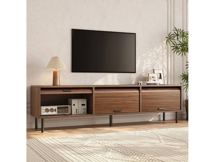 Meuble TV IVMEU 180 cm 3 portes coulissantes pieds métal noir aspect bois walnut