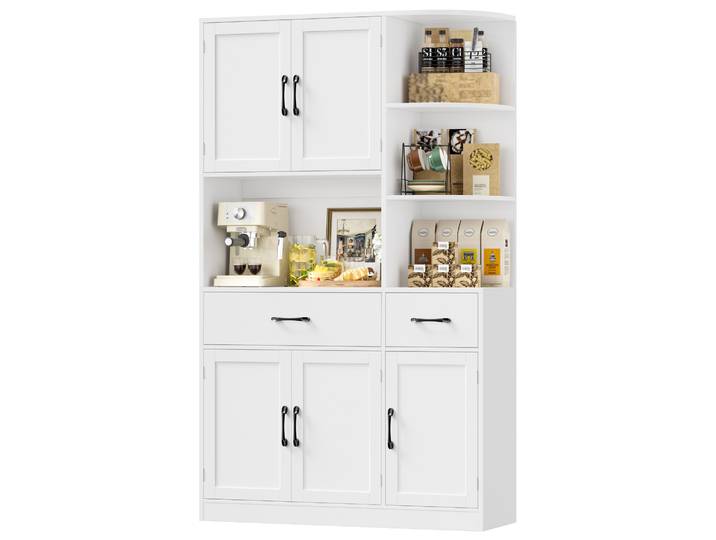 Meuble de cuisine, buffet blanc, buffet avec 5 portes, étagère d'angle, plans de travail et 2 tiroirs, meuble de garde-manger pour cuisine.