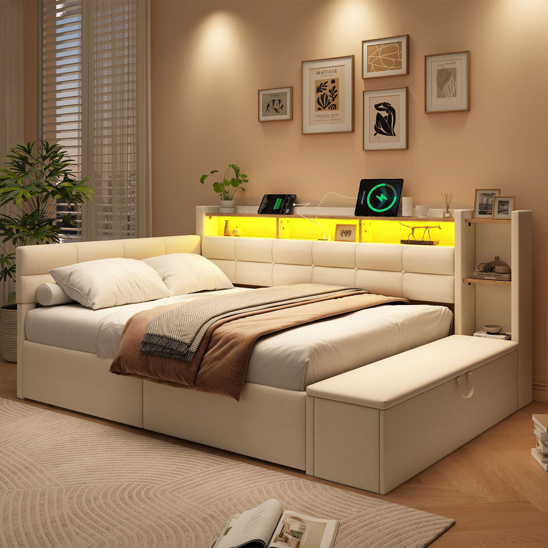 Brayden Studio 4ft6 Double LED Daybed with Storage Drawers and Ottoman Beige 111cm H X 149cm W X 236.5cm L