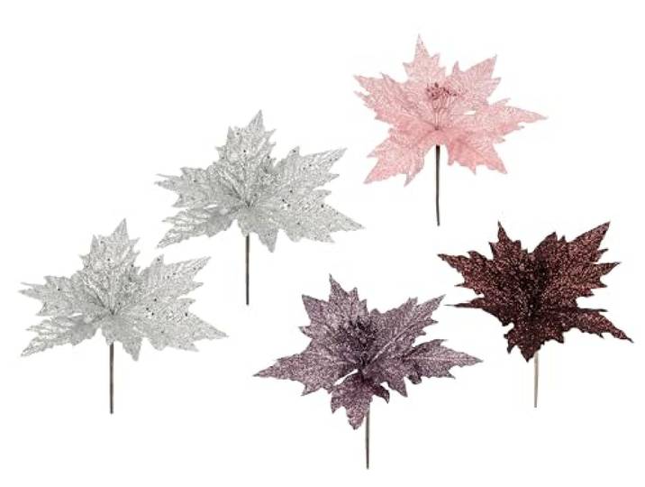Flair Flower Pick Weihnachtsstern mit Glitter Samt künstlich Mini Kunstblume Weihnachtsblume Zubehör für Adventskranz Floristik Blumensträuße, Silber,Gold,Rosa,Altrosa,Dunkelrot, 21x20x20cm, 021178VAR