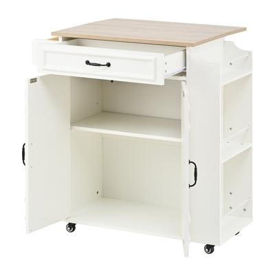 OKWISH Kücheninsel aus MDF in Weiß, 66 x 60 x 90 cm, klappbare Arbeitsplatte, rollbar