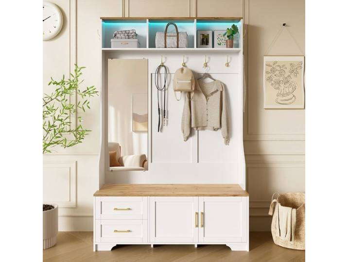 Meuble d'entrée - Becag - Vestiaire d'entrée avec LED et miroir - Ensemble vestiaire avec tiroirs et crochets 120x40x187cm Blanc