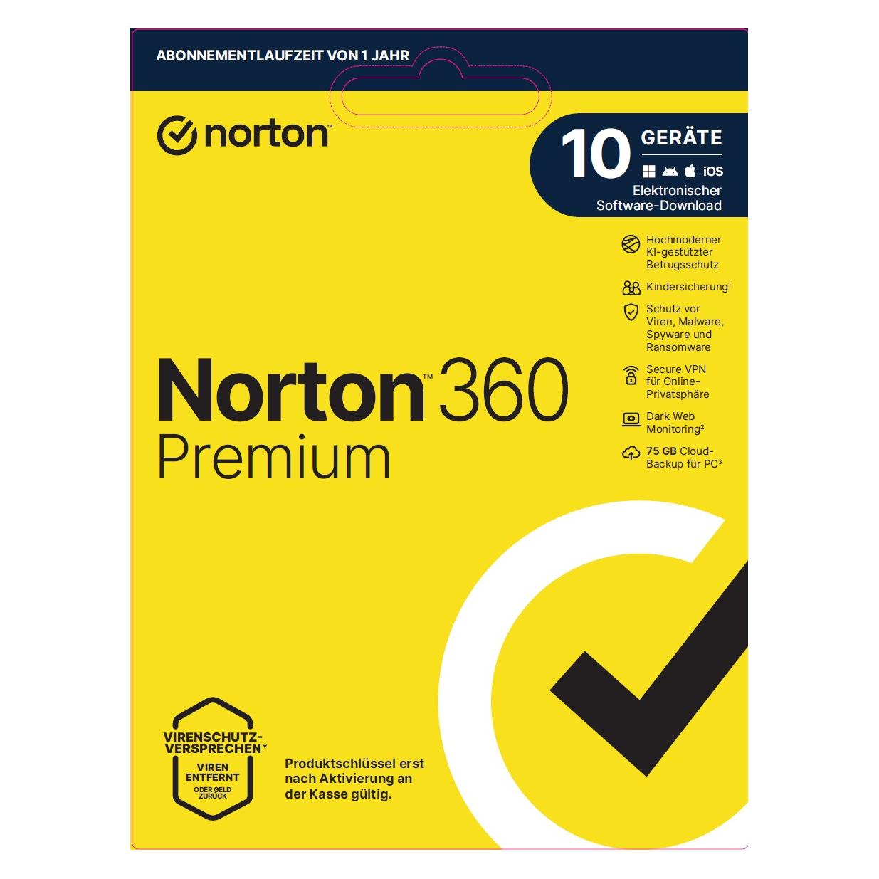 Norton LifeLock 360 Premium ND 75GB 1u/10d/1y Download Code (1 User, 10 Geräte/User, 12 Monate) (21488089)
