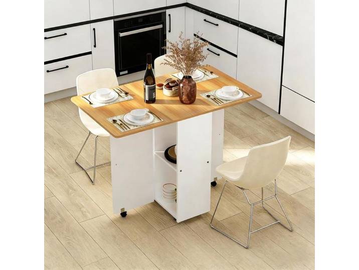 JEOBEST Table à Manger Pliable avec 1 Armoire 2 Etagères de Rangement 2-4 Personnes pour Salle à Manger Cuisine 110×70×78cm