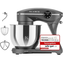 KLAMER Küchenmaschine 1800W, Knetmaschine mit 6 Liter Edelstahl Schüssel, 10 Geschwindigkeitsstufen mit Timer, Rührbesen, Knethaken, Schneebesen und ...