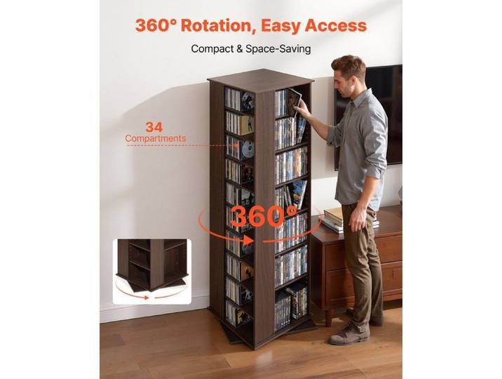 Bibliothèque Étagère Rotative à 360° Meuble de Rangement Multimédia 34 Compartiments Tour de Rangement pour CD DVD Livres Col…