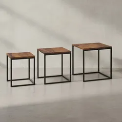 KADIMA DESIGN Beistelltisch-Set aus Sheesham Massivholz und Metall, 3 Größen, Stilvolles Trio