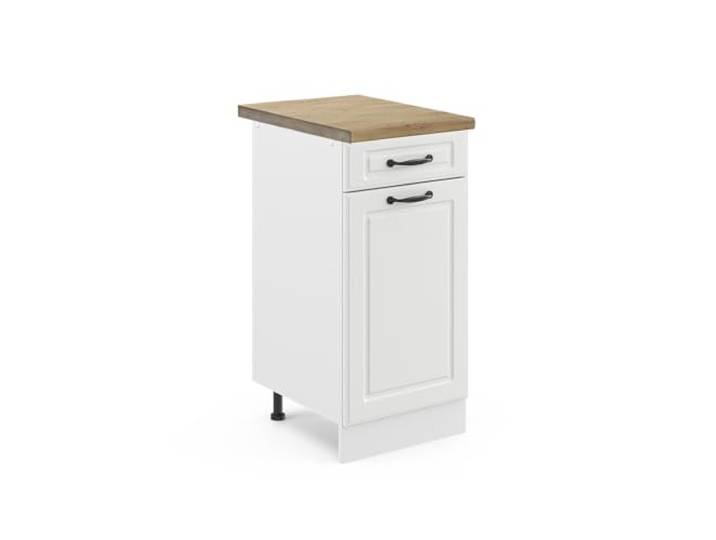 Vicco Küchenunterschrank R-Line, Weiß Landhaus, 40 cm MDF-Front · Arbeitsplatte Eiche · Höhenverst. Füße · Leichter Zugriff · Frei kombinierbar