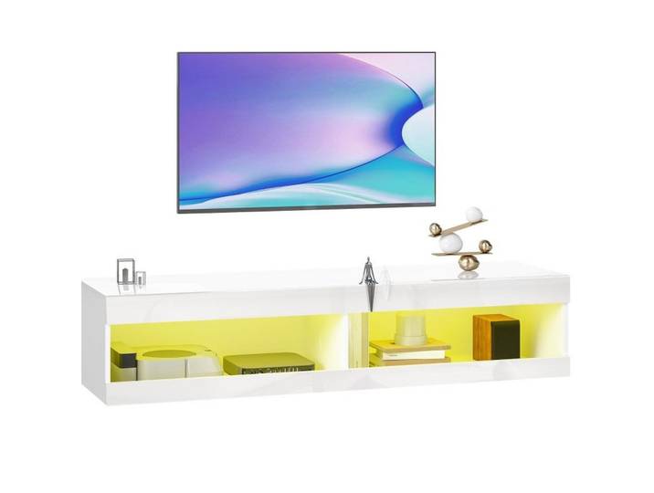 Redom Tv-Lowboard 140/40/30 cm mit RGB-LED-Beleuchtung, Wandmontage und Kabelmanagement, Hochglanz-Weiß, 140x30x40 cm, Wohnzimmer, TV Möbel, Lowboards, Lowboards stehend