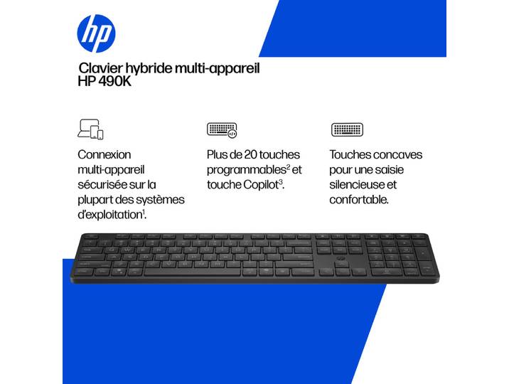 HP Clavier hybride multi-appareil 490K, Taille réelle (100 %), Sans fil, USB + Bluetooth, QWERTY, Noir BD5F4AA#ABB