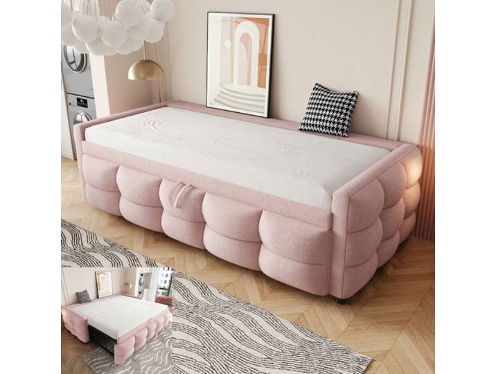 Lit gigogne - LANGTU - Style minimaliste - Tissu velours Teddy - Sommier à lattes - 2 x 90x200 cm - Rose