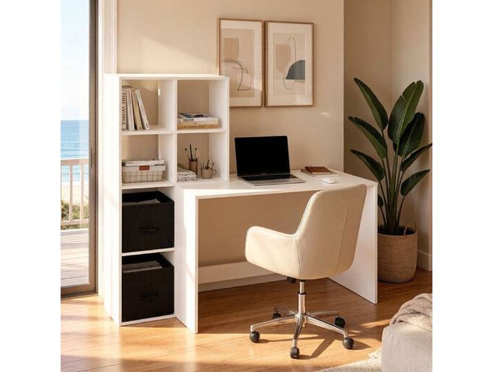 Bureau d'ordinateur avec Bibliothèque 140x50x134cm Bureau Blanc avec Tiroirs et Étagères Meuble Rangement Déco Bureau E1 Stable