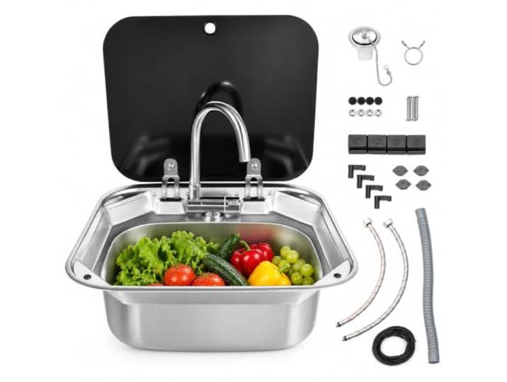 RV Camping Spüle Bausatz, Camping Waschbecke, 41.5 x 37 x 16 cm Kleine Küchenspüle mit Glasdeckel, Wohnwagen Einbauspüle Waschbecken Waschtisch Komplettset, 1 Becken