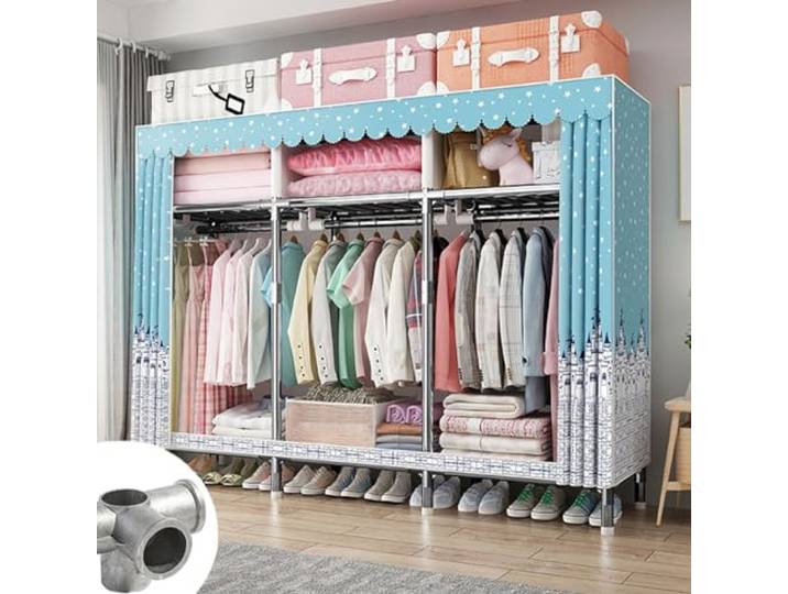 Faltbarer, Tragbarer Kleiderschrank Mit Doppelvorhang Und Kleiderstange Kleiderschrank-Organizer(D)