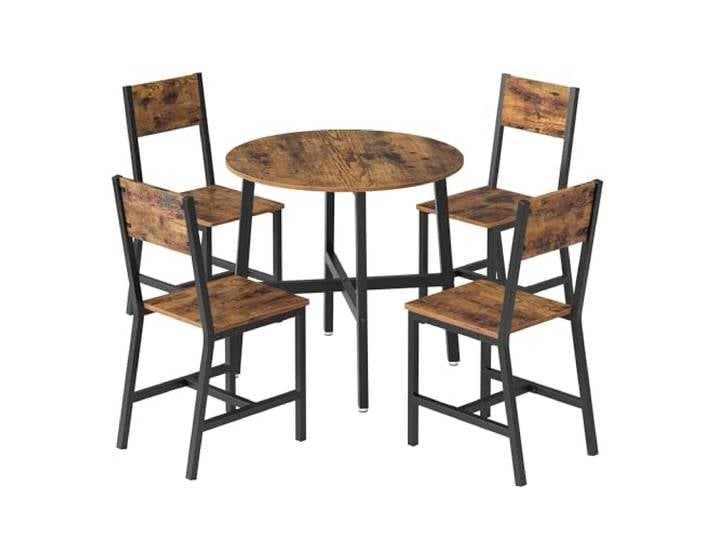 VASAGLE Runder Esstisch mit 4 Esszimmerstühlen, Esszimmermöbel-Set, Essgruppe, für Wohnzimmer, Küche, Metallrahmen, einfache Montage, vintagebraun-tintenschwarz ZH2506060