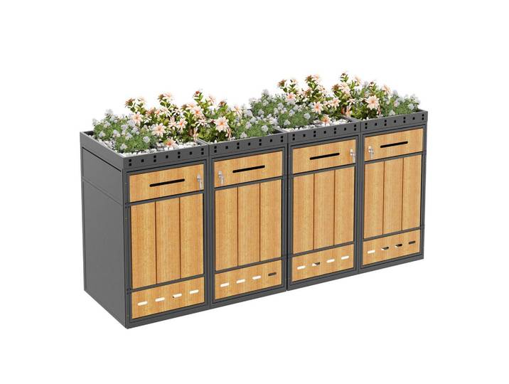 ComfortXL Mülltonnenbox Klappdeckel Holzmaserung Grau, Metall, 132x118.5x80 cm, Gartenzubehör, Mülltonnenbox