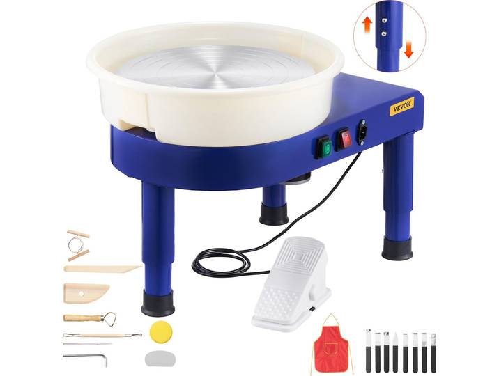 Tour de potier VEVOR Machine à façonner les roues en céramique avec pédale & pieds de levage réglables & cuve amovible (35 cm) 60-300 tr/min Vitesse\, set complet d'accessoires pour l'artisanat Bricolage bleu