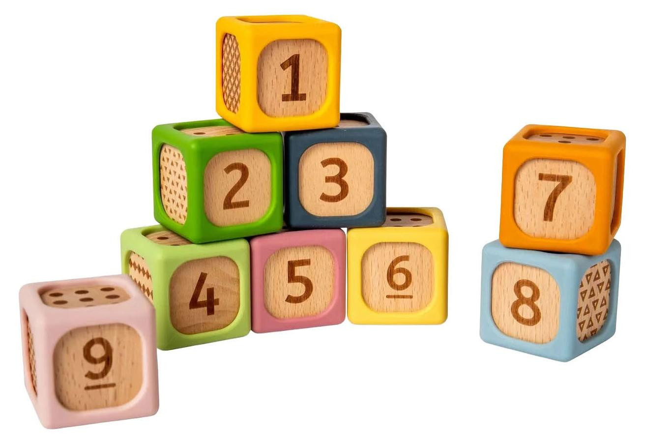 Bigjigs Toys Zachte sorteerblokken - Montessori siliconen en houten babyblokset met cijfers voor vroege ontwikkeling