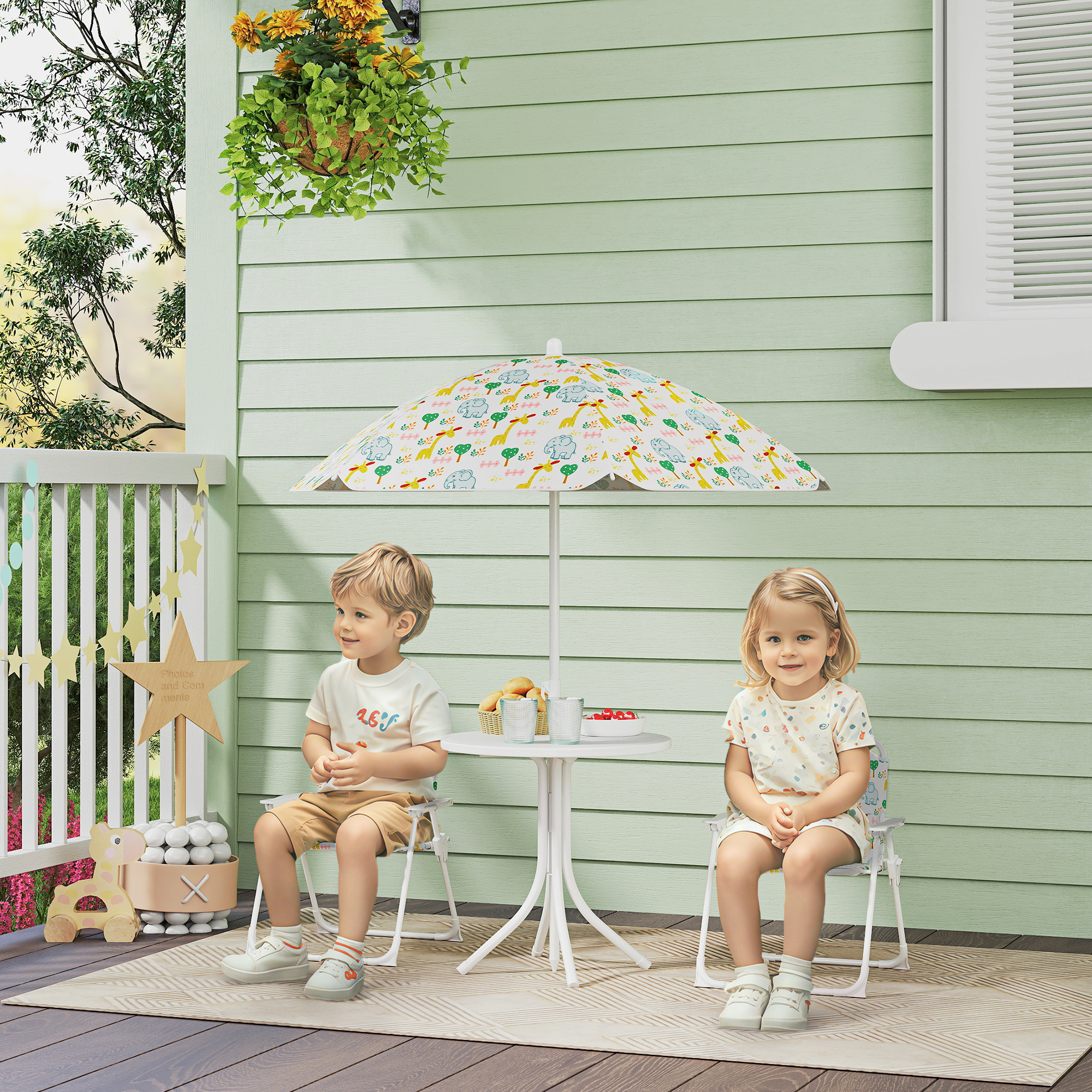 Aiyaplay Set da Giardino per Bambini 2-5 Anni con Tavolino Rotondo, 2 Sedie Pieghevoli e un Ombrellone, Bianco