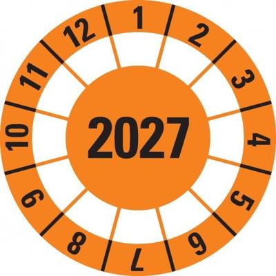 Dreifke® Prüfplakette 2027, orange, Dokumentenfolie, selbstklebend, Ø40mm,10 St/Bogen