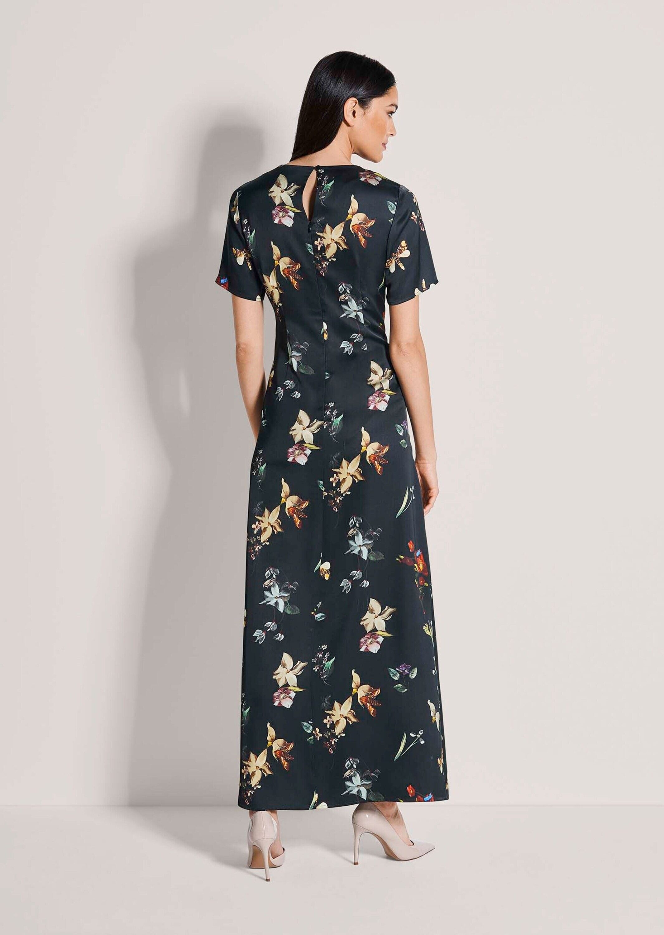 Midikleid MADELEINE "Sommerkleid Maxikleid mit floralem Print", Damen, Gr. 38, N-Gr, schwarz (schwarz, rot, multicolor), Obermaterial: 100% Viskose CV., Modern, figurumspielend, Kleider Midikleid, Drapierung