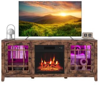 "Costway 58"" Fireplace TV Stand with LED Lights and 18"" Electric Fireplace-Rustic Brown"