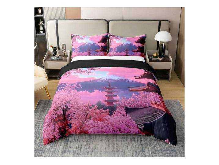 LuxusKollektion Kinderbettwäsche Bettbezug 155x220 Kirschblüte Sakura Mt Fuji blau/rosa