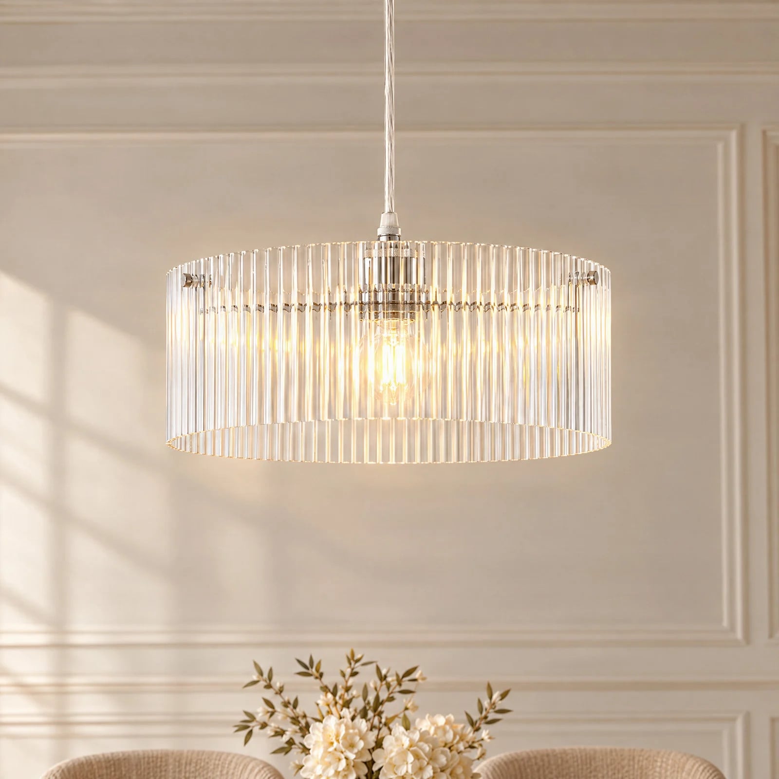 Lucande Meritt hanglamp, chroom/transparant, rond, glas