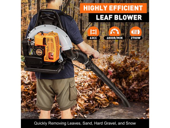 Souffleur de feuilles à dos alimenté par gaz 63CC 2 temps, moteur à essence 2.7KW souffleur de pelouse Commercial jardin cour souffleur de poussière de neige 6800 tr/min