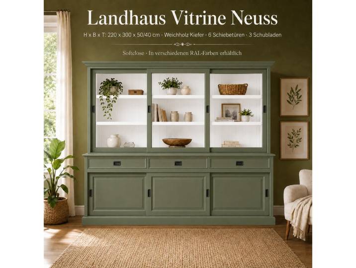 Wohnpalast Vitrine Vitrinenschrank Neuss 300 cm Resedagrün-weiß, Vitrine