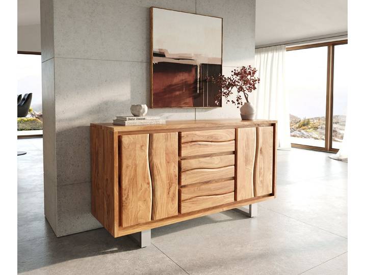 DELIFE Sideboard Live-Edge, Akazie Natur 147 cm 2 Türen 3 Schübe Baumkante Sideboard