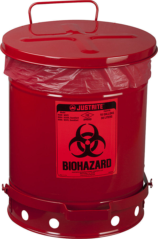 Stahlblech-Sicherheits-Entsorgungsbehälter für biogefährliche Abfälle, BIOHAZARD-Aufkleber, Volumen 34 l, mit Pedal, rot, ab 5 Stk Justrite