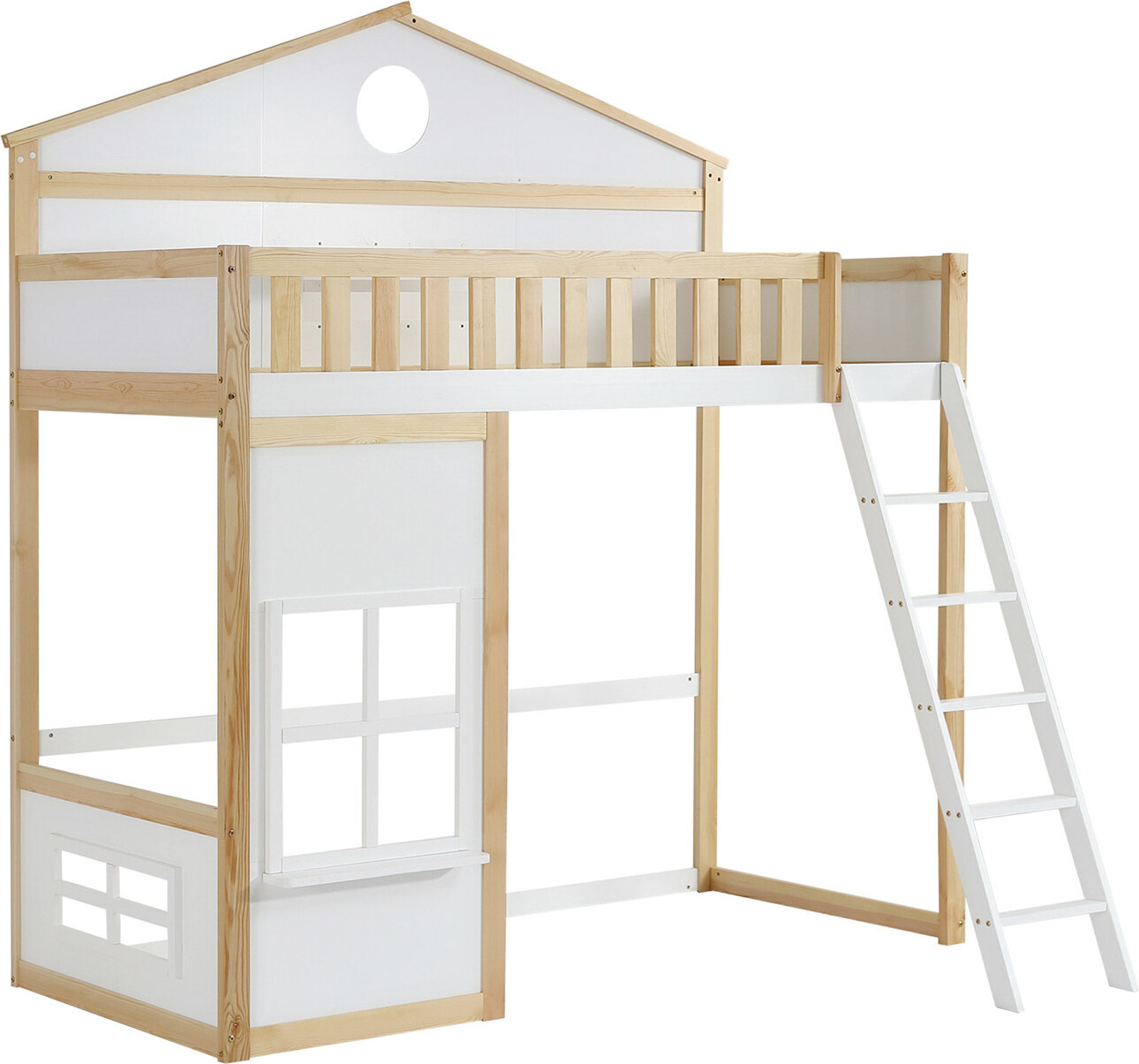 Etagenbett,Hausbett,Kinderbett mit Treppe,Fallschutz und Gitter,mit Dach und Fenster, Frei gestaltetes Unterbett, Rahmen aus Kiefer