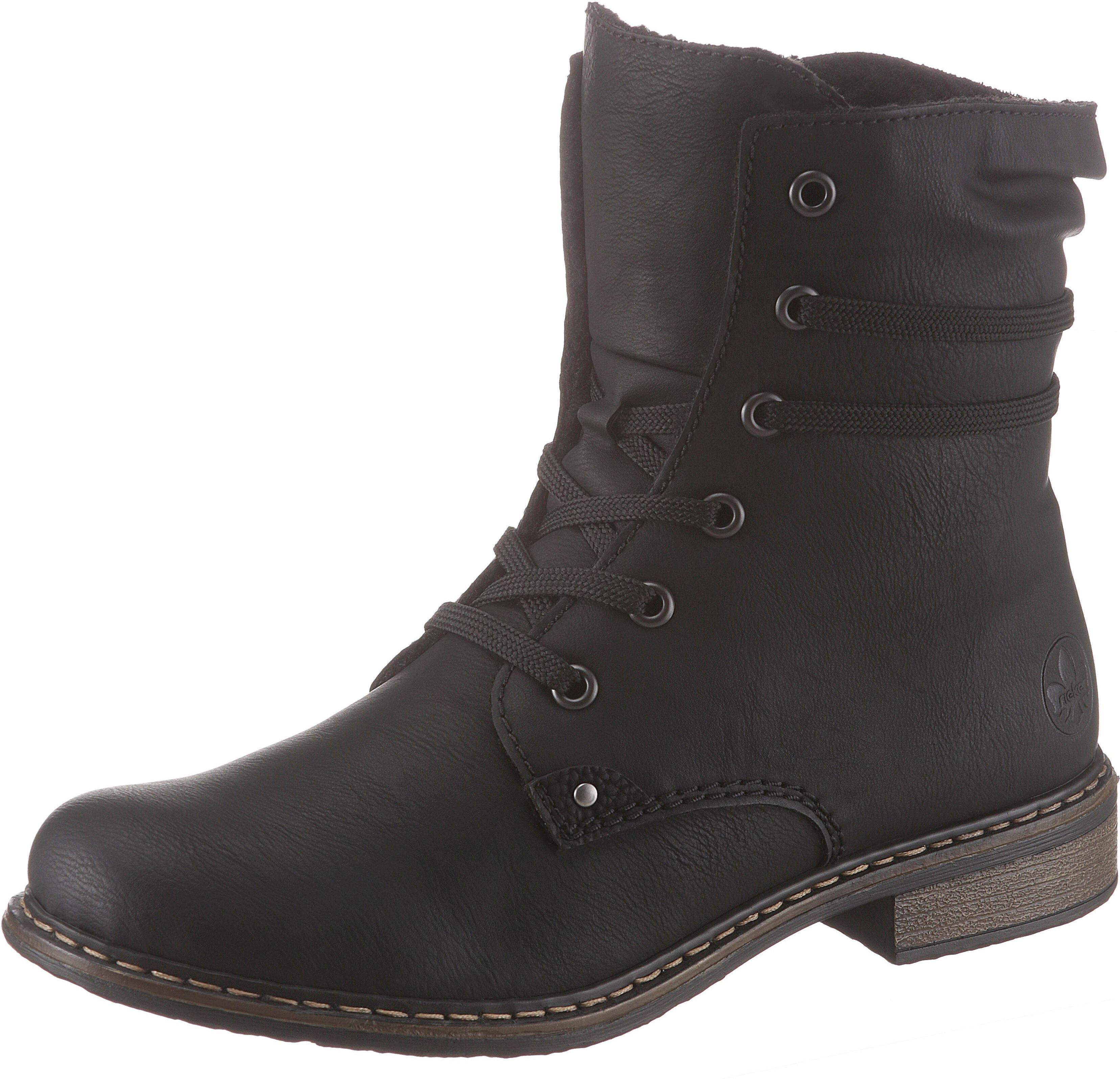 Schnürboots RIEKER, Damen, Gr. 38, Warmfutter, schwarz, Nubuklederimitat, Schuhe Schnürboots, Stiefelette, Blockabsatz, mit dezenter Schnürung schwarz 38, Warmfutter