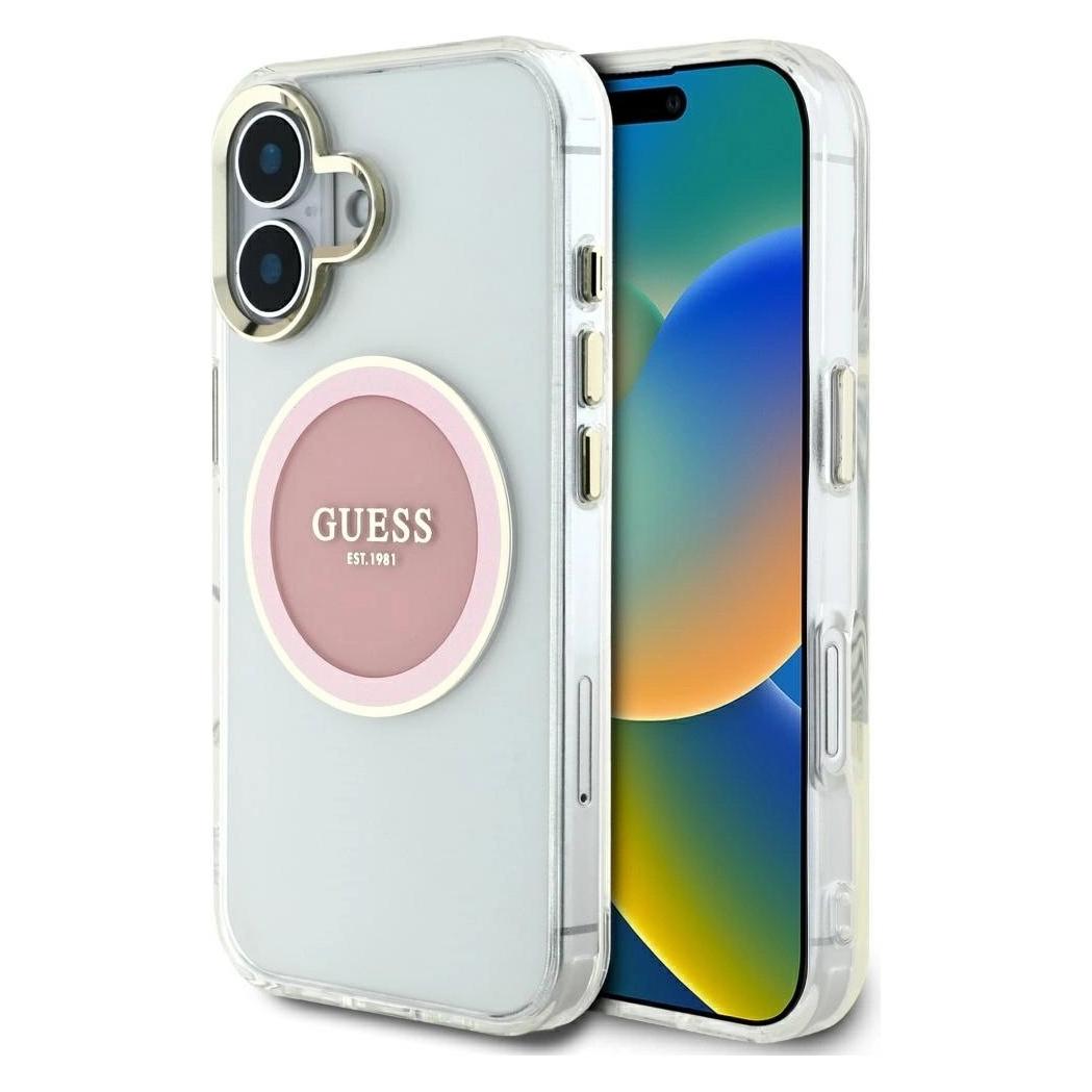 Guess Case IML Metal Colored Circle Classic Logo MagSafe for iPhone 16 pink (Apple iPhone 16) (GUHMP16SHTDRCEDP)