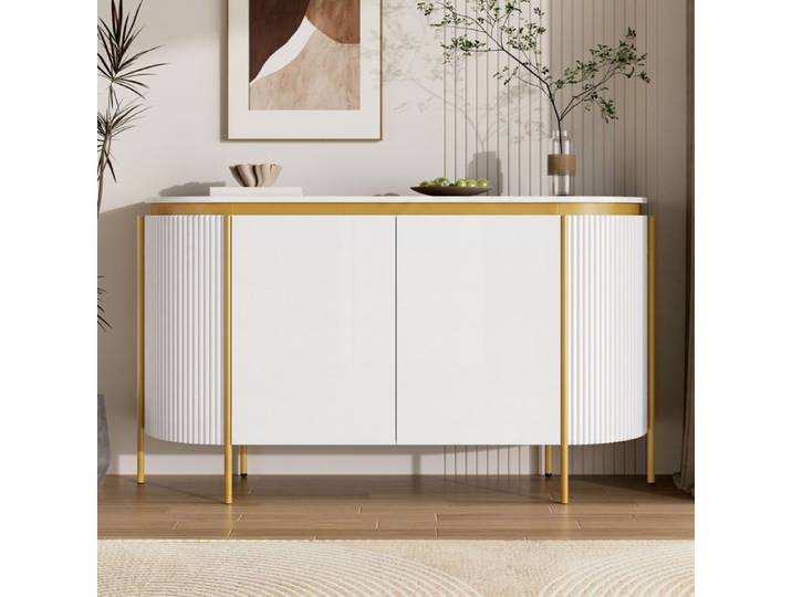 Buffet Ovale 140x38x80cm 4 Portes Pieds métal Meuble de Rangement Multifonction Salon entrée Salle à Manger Blanc