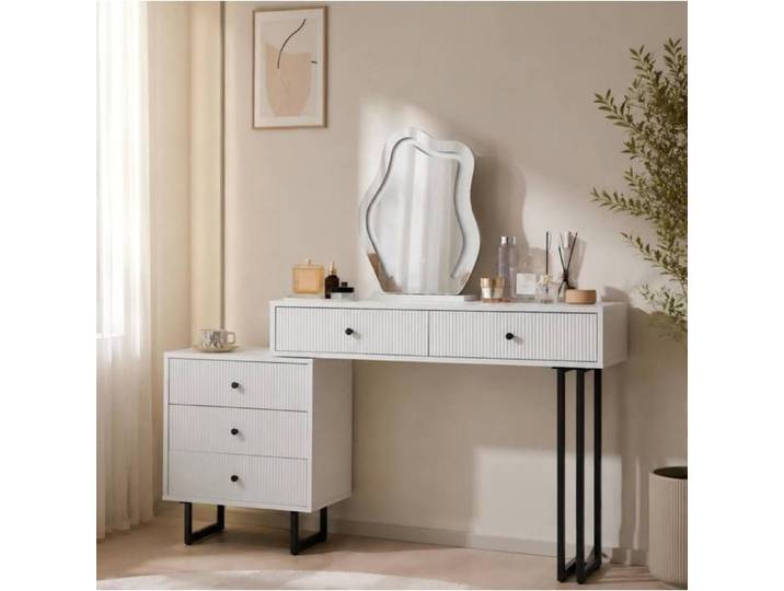 Coiffeuse blanche 100 x 40 x 76 cm en panneau de particules avec miroir et 5 tiroirs