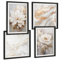 BILDER SET 4er Set - 50x50 cm & 40x60 cm Schwarzer Rahmen - Abstrakte Blumen aus Marmor