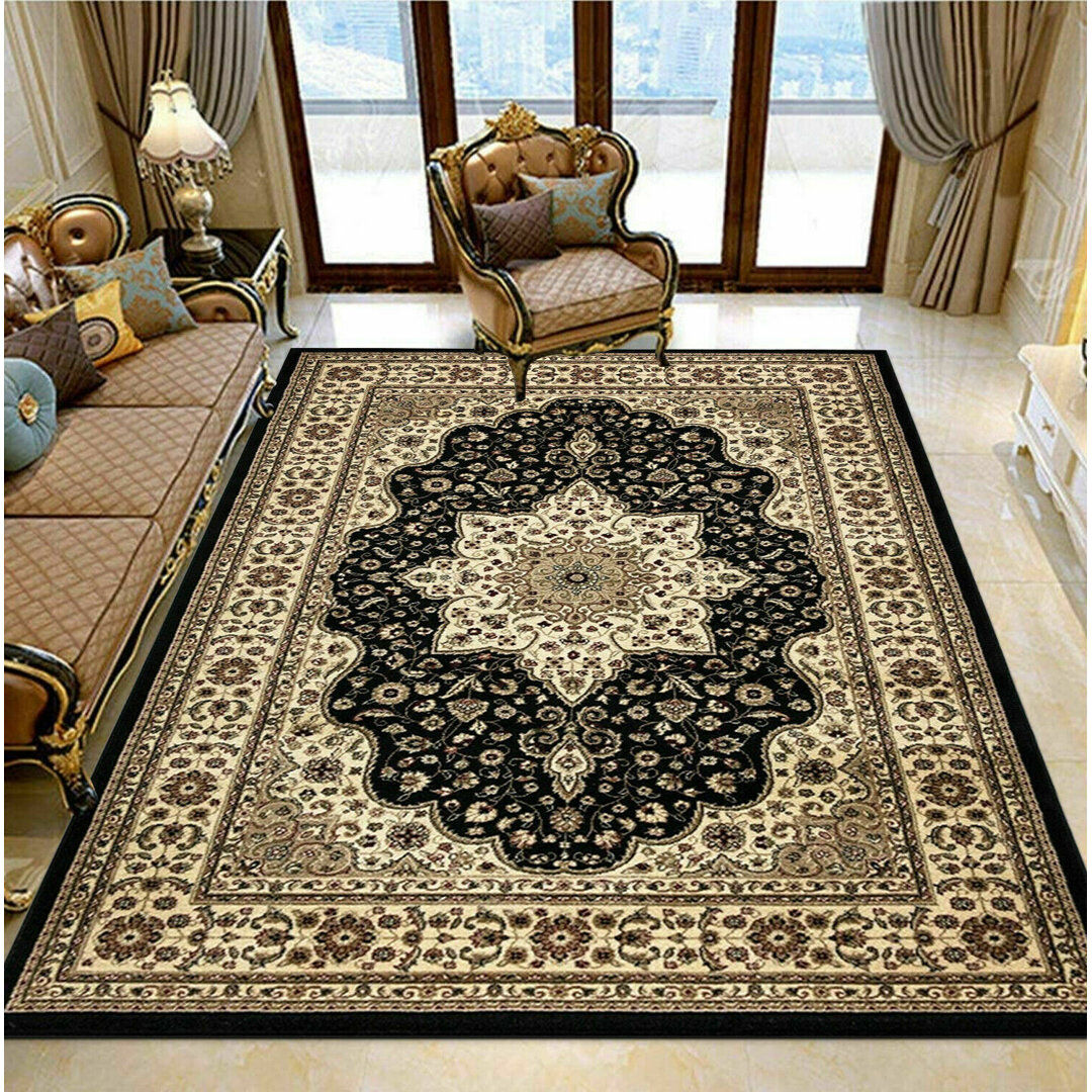 Rosalind Wheeler Frohlinger Floral Area Rug Black Rectangle 120 x 170cm