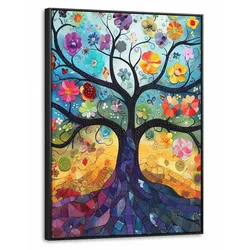 LEINWAND Bilder mit Rahmen - Kunst - Baum des Lebens - Blumen - Hippie - 70x100