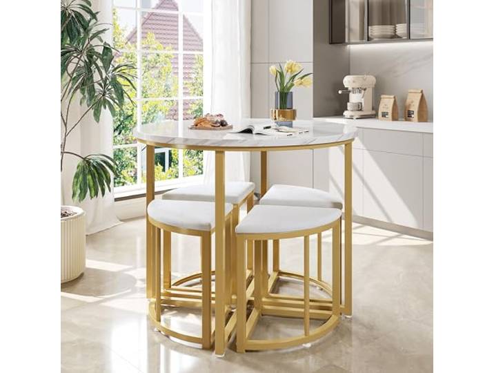 Merax Essgruppe mit runden Esstisch und 4 Hockers, modernes Marmor-Muster Tischplatte, kuschelige Samt Stühle, platzsparendes Design für Esszimmer, Küche, Wohnzimmer, Weiß